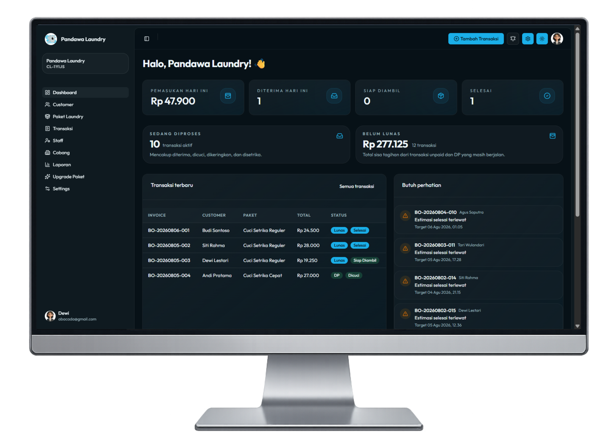 Dashboard CuciLaundry tampilan dark mode di monitor desktop